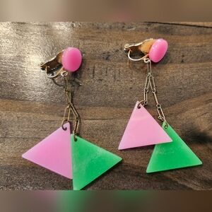Pink and Green Triangle Dangle Clip-On Earrings